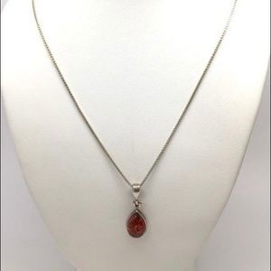 Sterling Amber/Resin Tear Drop Pendant Necklace